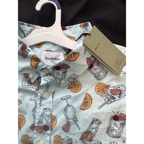 Goodfellow & Co Men's Slim Fit Tropical Drinks & Fruits Shirt, Blue, Size XL - Picture 2 of 4